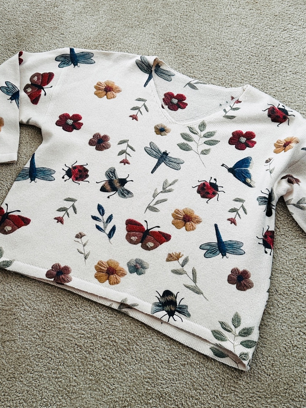 Cream Floral & Bug Print Long Sleeve Top